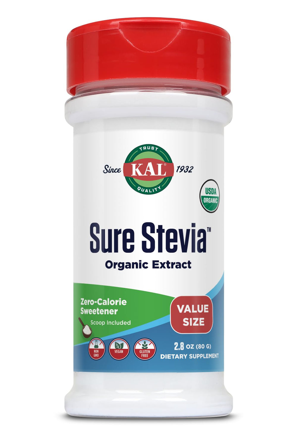 KAL Sure stevia front packaging showing label and organic badge for clear choice