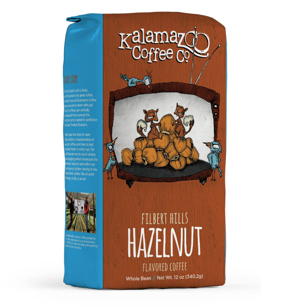 KALAMAZOO COFFEE COMPANY front packaging showing 12oz flavored bag and branding benefit