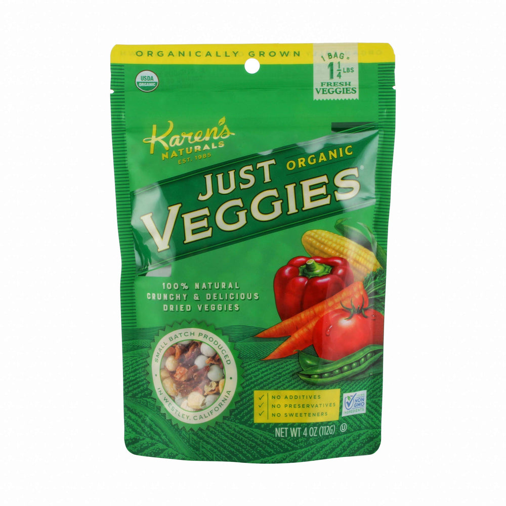 Karen's Naturals front pack with colorful vegetables for crunchy, shelf-stable snacking