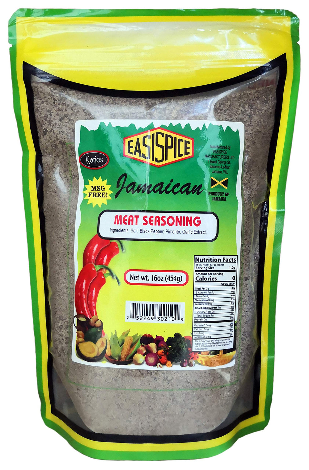 Karjos EasiSpice 16oz front label showing jar and seasoning benefits
