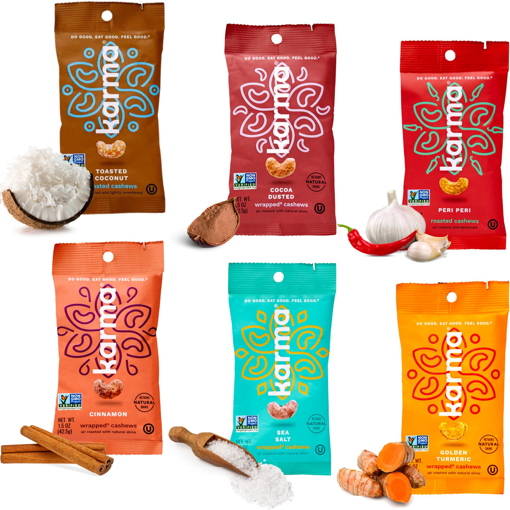 Karma front packaging showing six flavored cashew pouches and easy selection benefit