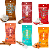 Karma front packaging showing six flavored cashew pouches and easy selection benefit