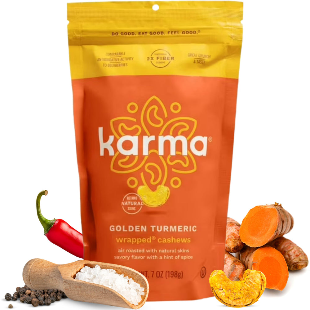Karma front packaging showing golden turmeric cashews and resealable bag for freshness