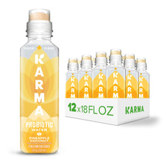 Karma front packaging showing pineapple coconut bottles and product branding for convenient probiotic support