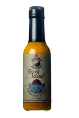 Karma Sauce Ghost Island front label showing bottle and tropical design, signals bold flavor
