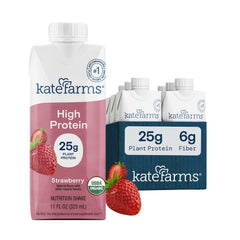 Kate Farms bottle front packaging shows organic strawberry flavor and protein amount