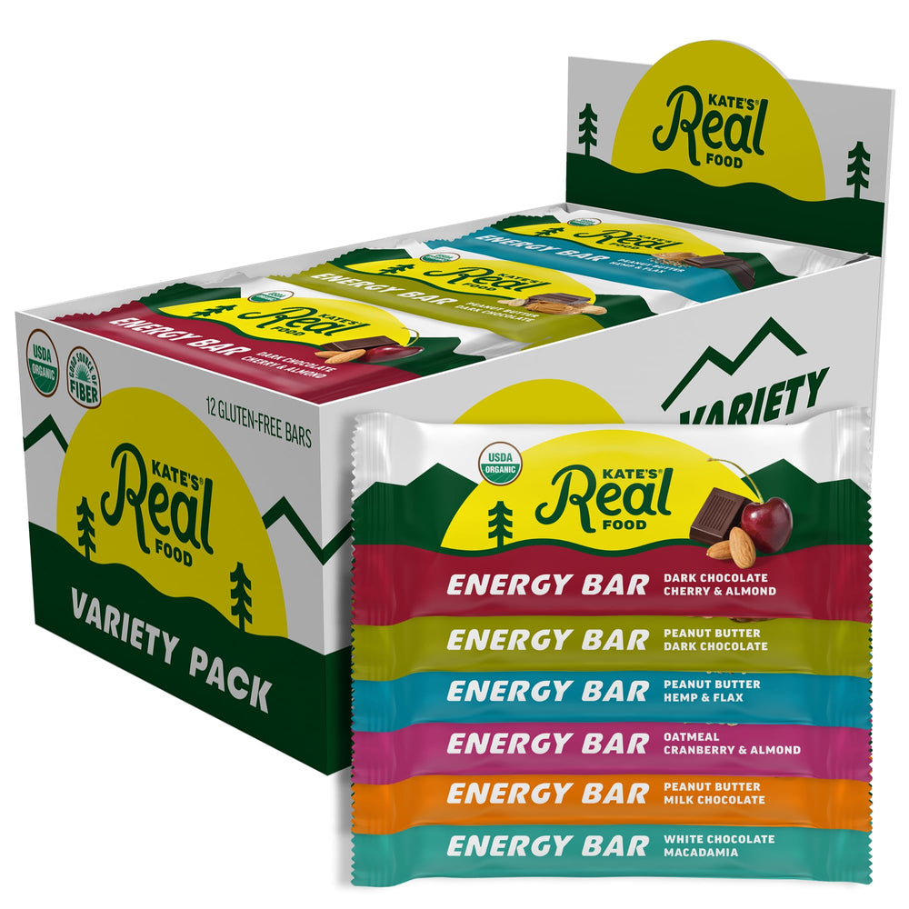 Kate's front packaging showing variety pack and certifications, convenient grab-and-go benefit