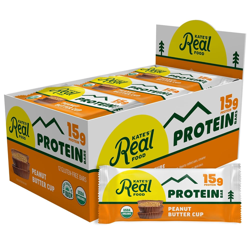 Kate's front packaging showing organic peanut butter cup bars and benefits