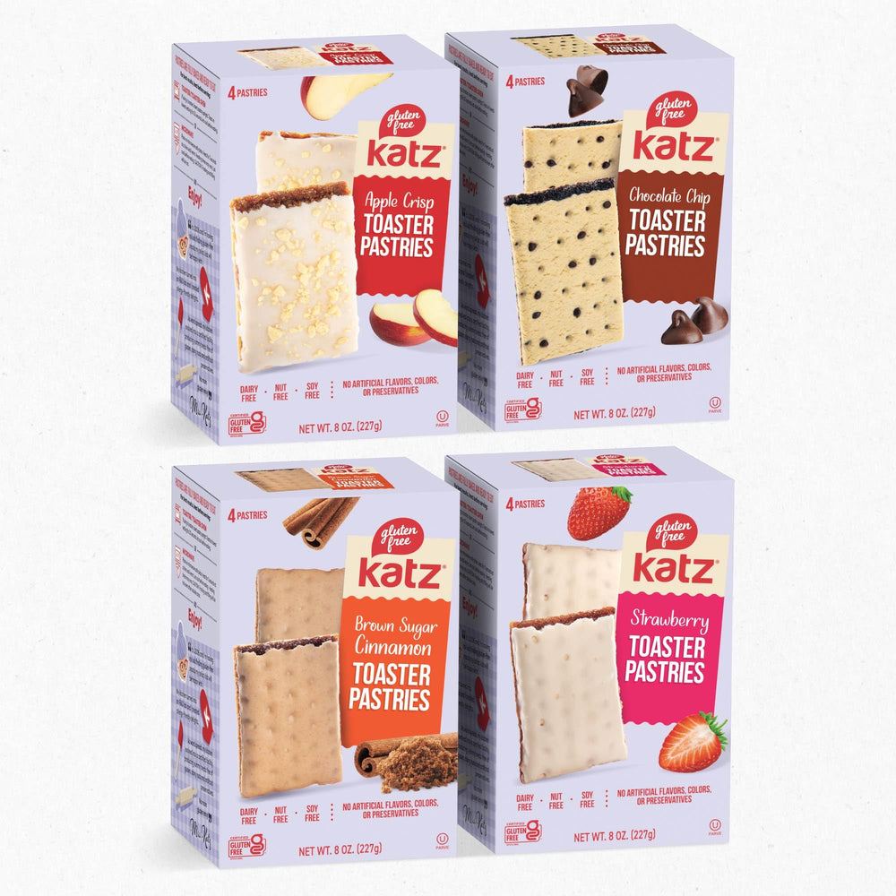 Katz Gluten Free front package view showing four-flavor variety pack benefit convenience