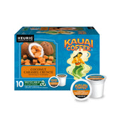 Kauai Coffee front packaging showing 10-count K-Cup pods and tropical flavor benefits