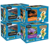 Kauai Coffee front packaging showing three roast boxes and convenience