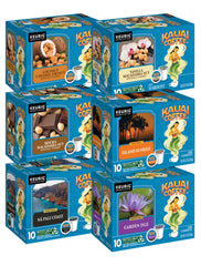 Kauai Coffee front packaging showing six flavor packs and island branding benefit