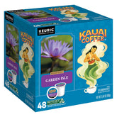 Kauai Coffee front box showing Garden Isle 48-count benefits