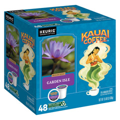 Kauai Coffee front box showing Garden Isle 48-count benefits