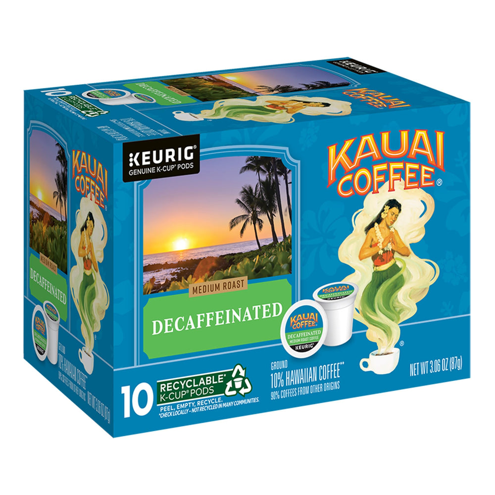 Kauai Coffee front packaging showing 10 K-Cup pods and brand benefits