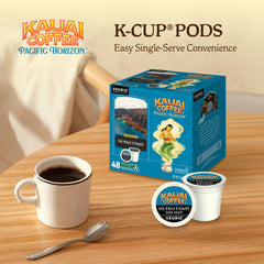 Kauai Coffee pods inside a Keurig machine brewing a smooth cup quickly