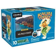 Single Kauai Coffee pod brewing to cup demonstrating convenient single-serve brewing