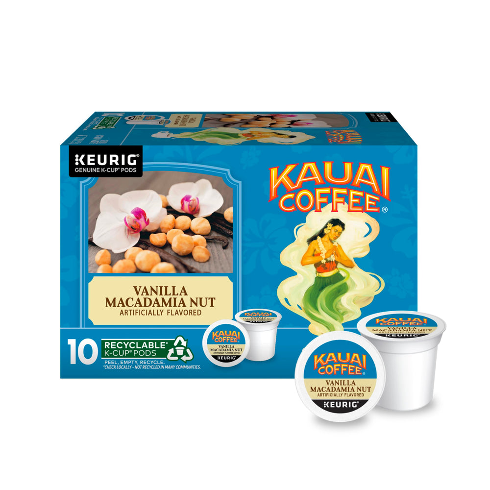 Kauai Coffee front packaging showing vanilla macadamia flavor and benefit