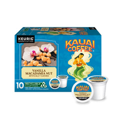 Kauai Coffee front packaging showing vanilla macadamia flavor and benefit