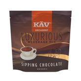 KAV front packaging showing 10oz luxe sipping chocolate and clear branding benefits