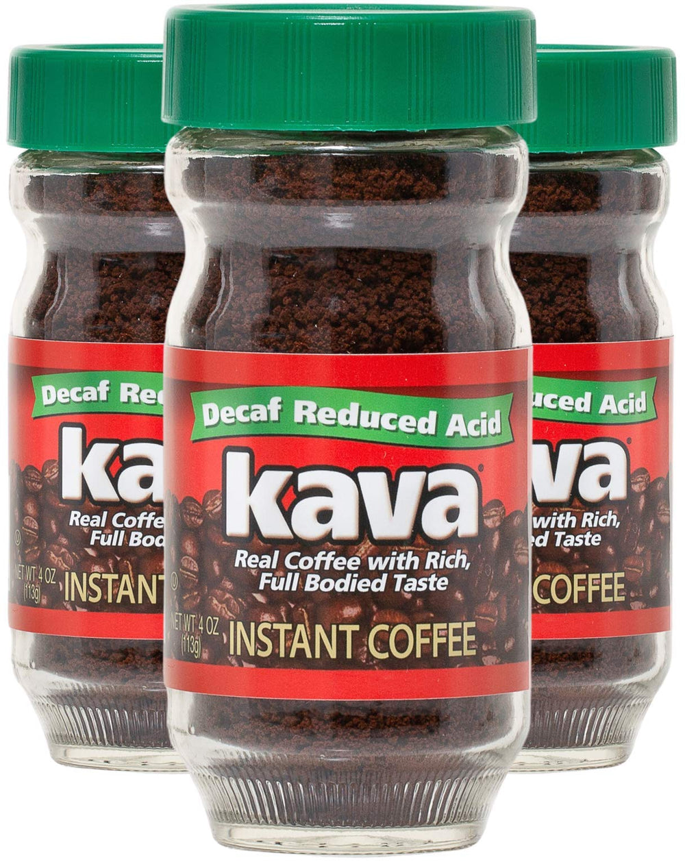 Kava decaf 4oz jar front view showing brand and low-acid benefit