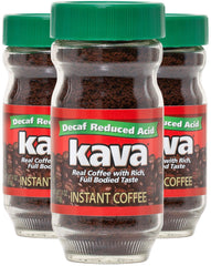 Kava decaf 4oz jar front view showing brand and low-acid benefit