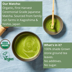 Kenko Tea Matcha powder close-up showing fine texture and vibrant color benefit