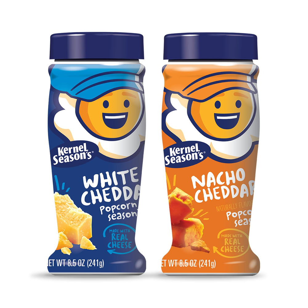Kernel Season's front packaging showing both cheddar shakers for quick selection and convenience