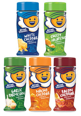 Kernel Season's front packaging showing five cheese bottles and clear labels for quick selection