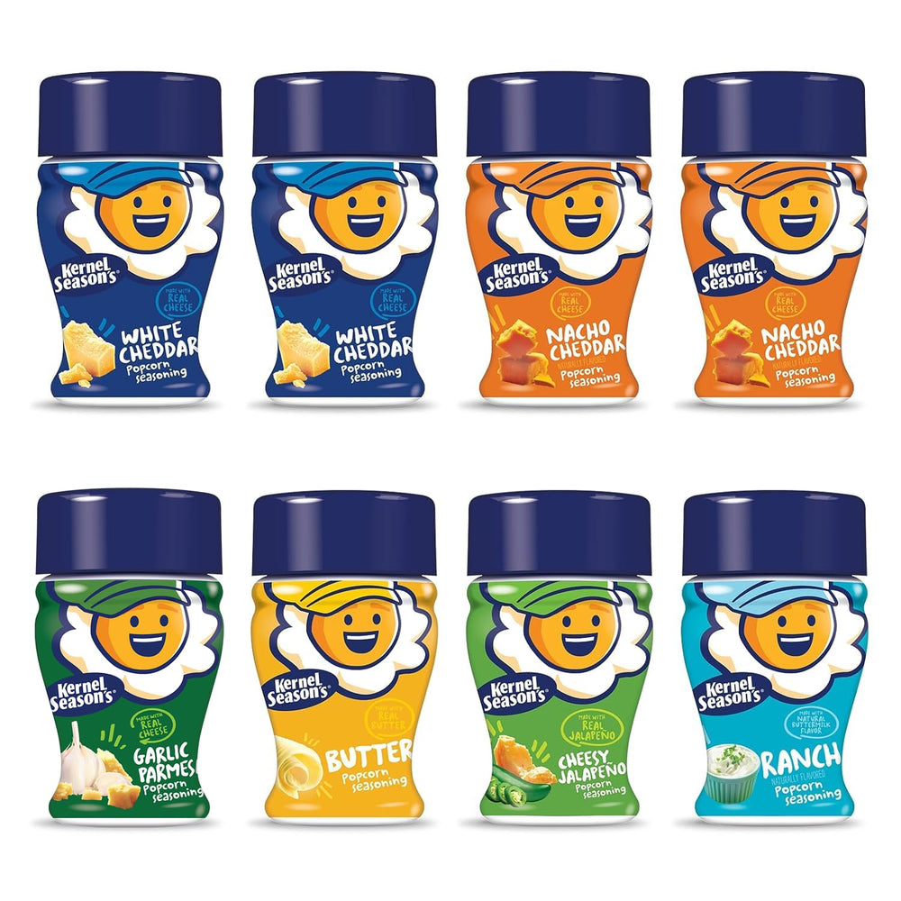 Kernel Season's front packaging showing all eight mini canisters and variety
