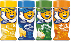 Kernel Season's front packaging showing four shakers and clear flavor labels for easy seasoning selection
