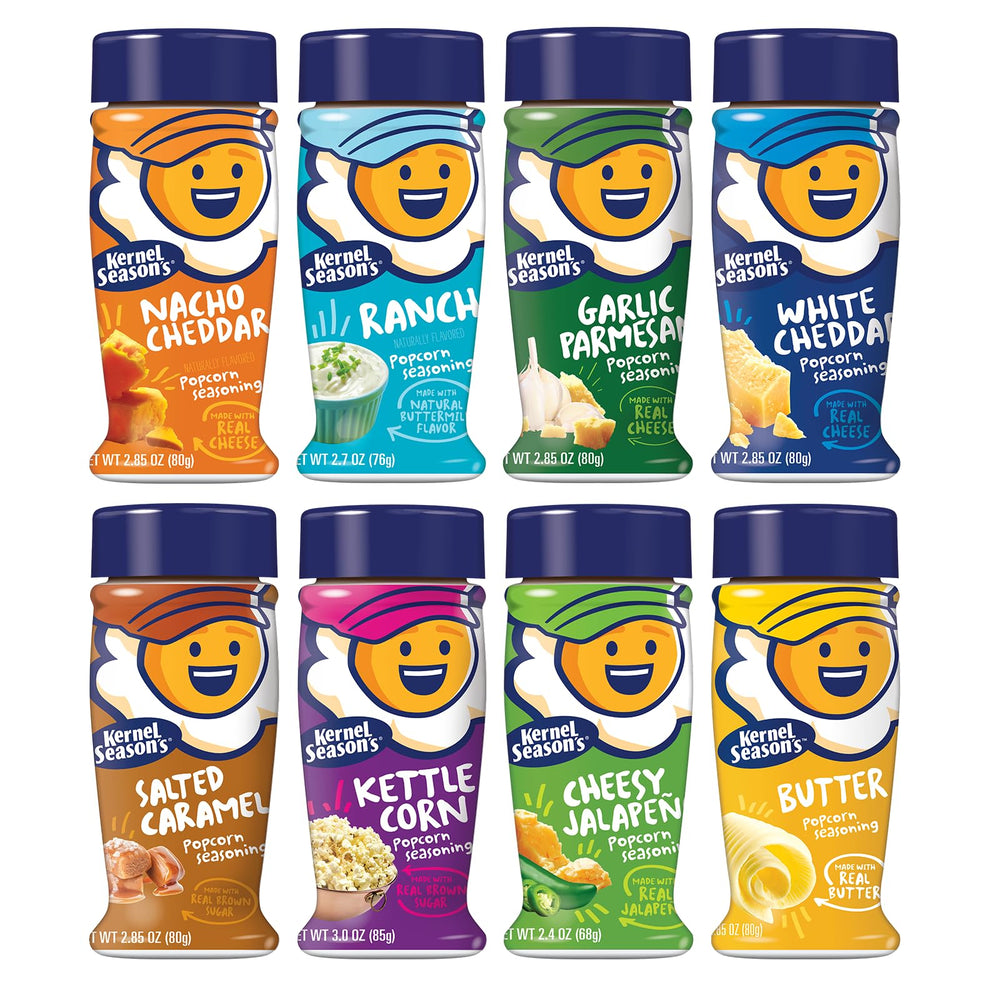 Kernel Season's variety pack front view showing eight mini shakers and clear labels for easy selection