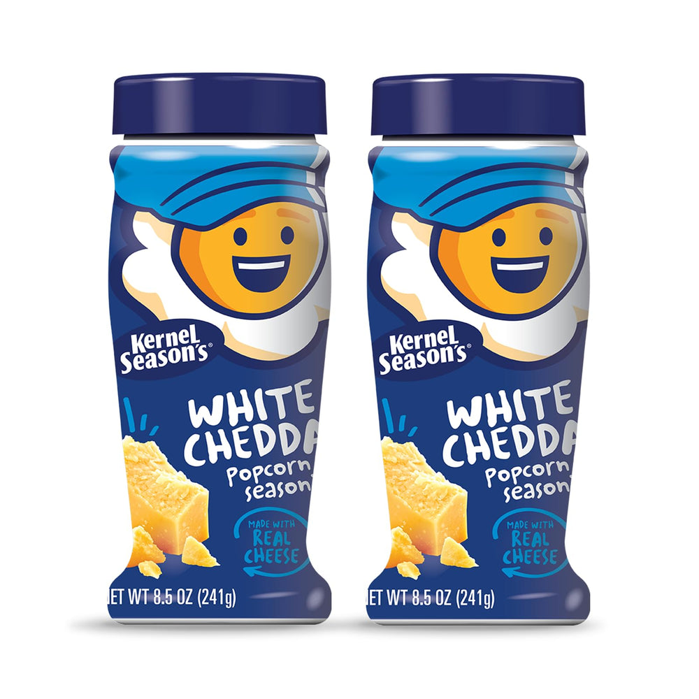 Kernel Season's front packaging showing brand and white cheddar flavor, clear benefit: recognizable shelf appeal