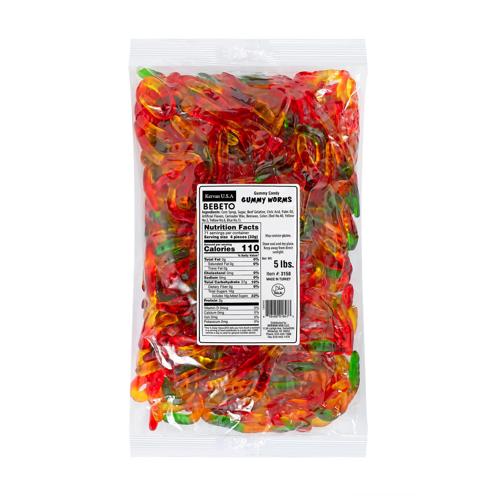 Kervan front packaging showing 5 lb bag and colorful gummy worms for parties