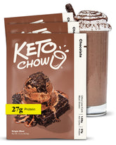 Keto Chow front packaging showing three chocolate meal servings and convenience