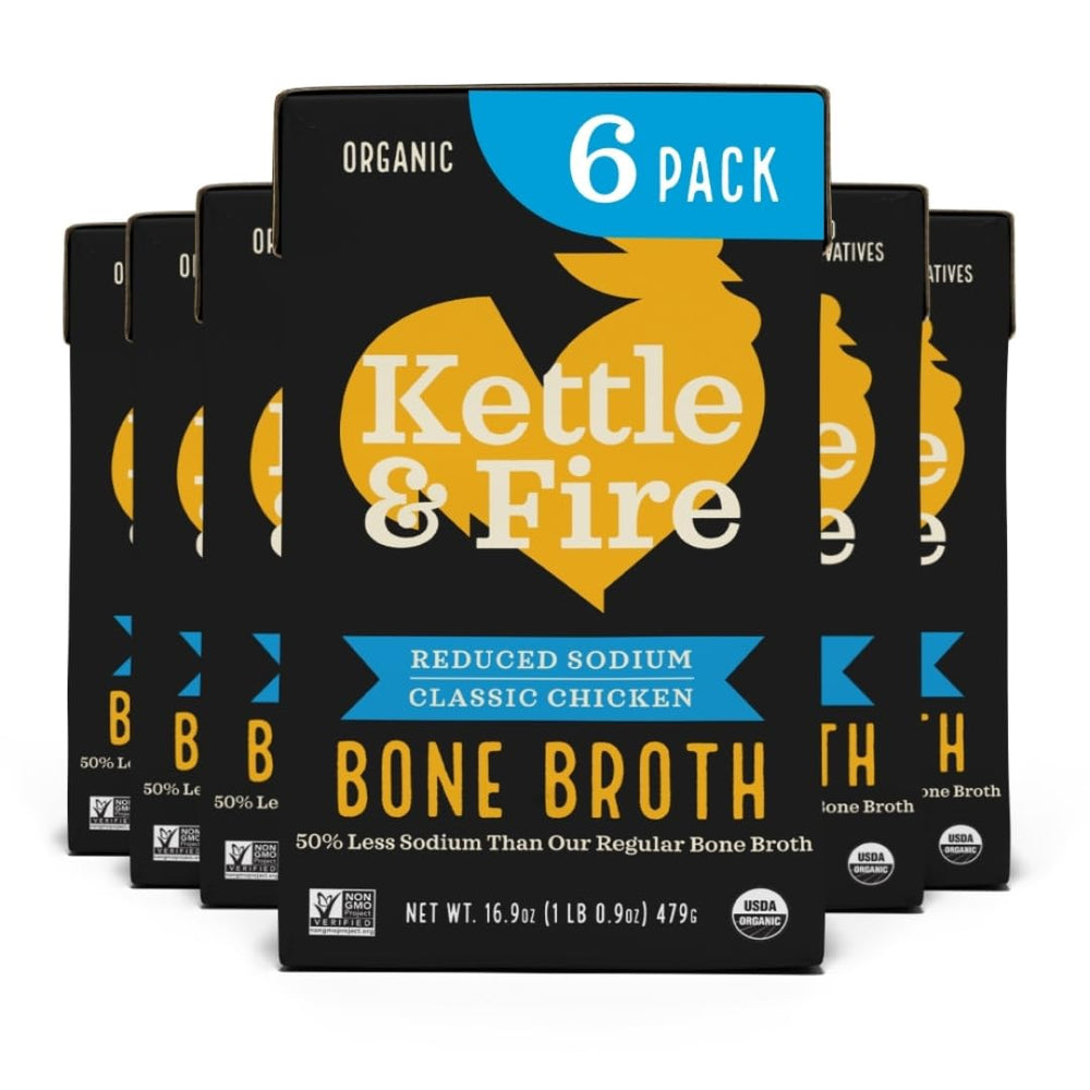 Kettle & Fire front packaging showing reduced sodium six-pack and organic label benefits