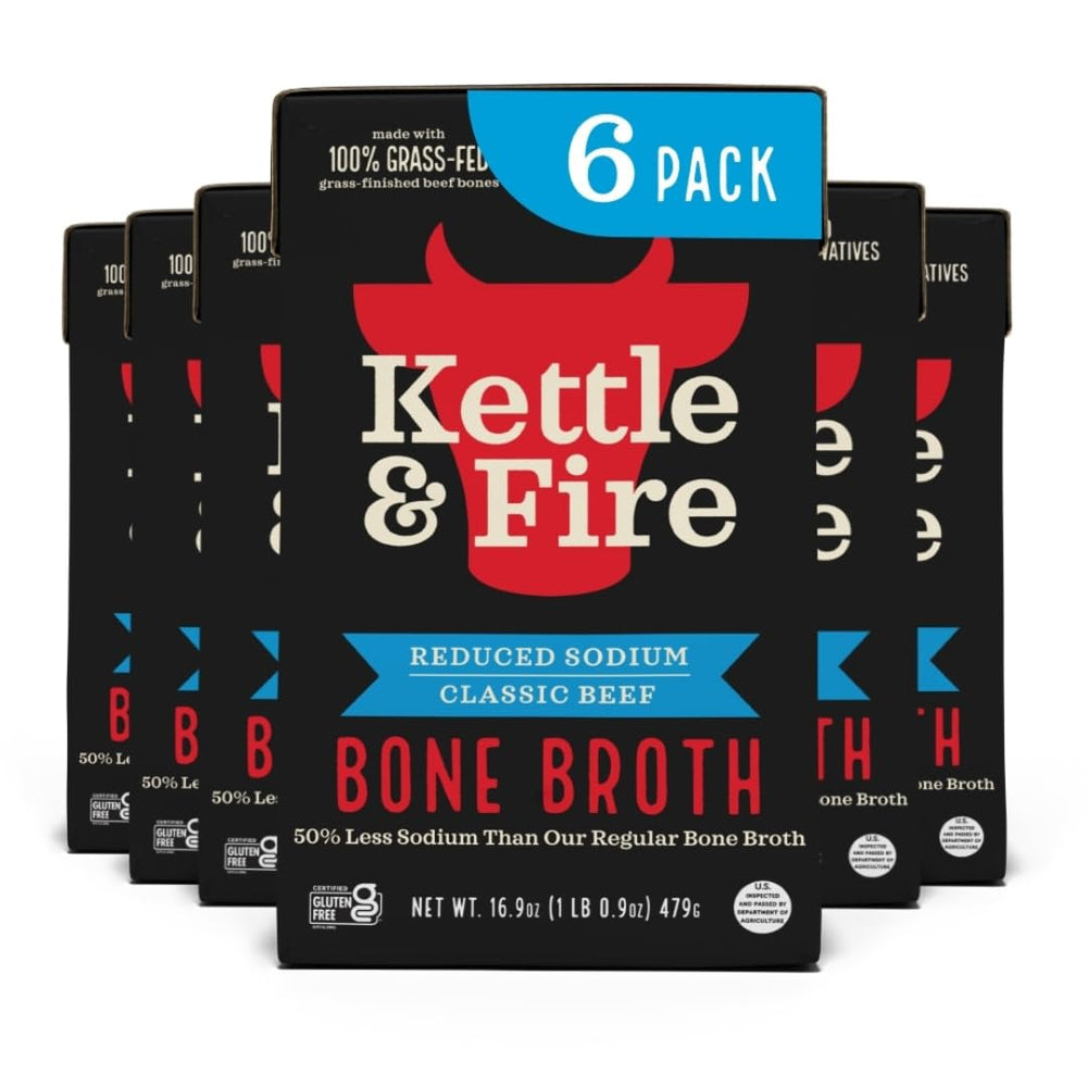 Kettle & Fire front packaging showing organic reduced sodium beef broth benefit convenience
