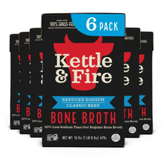 Kettle & Fire front packaging showing organic reduced sodium beef broth benefit convenience