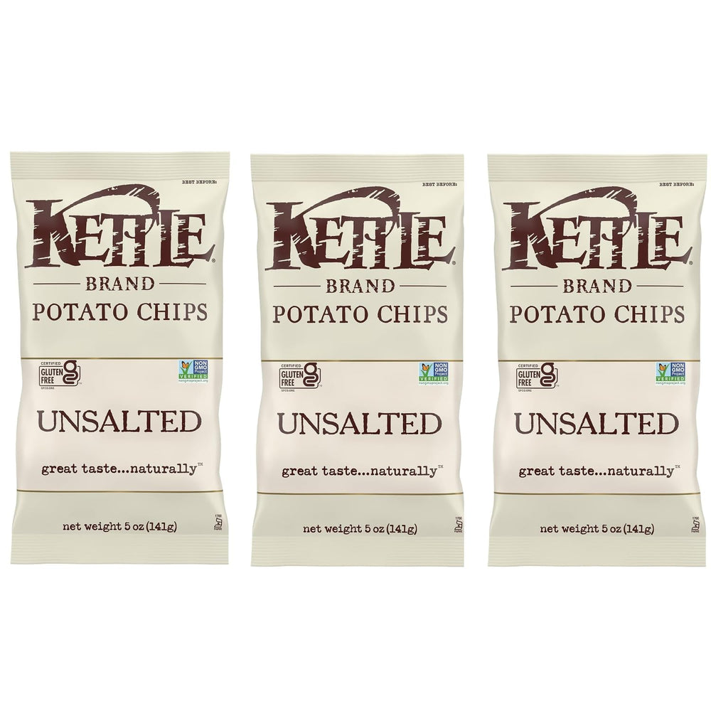 Kettle Brand unsalted bag front view showing crisp potato texture and no-salt option