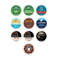 Assorted Keurig pods laid out by variety for easy selection and tasting