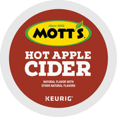Keurig Mott's K-Cup inserted in Keurig brewing a hot cup, showcasing fast warm cider