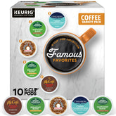 Keurig box front view showing all five included coffees and convenience