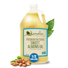 kevala sweet almond oil front bottle showing full 64 oz container and clear liquid