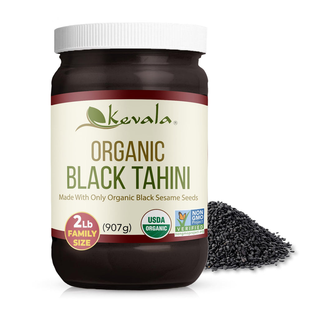 Kevala black tahini front jar showing label and 32 oz size benefit