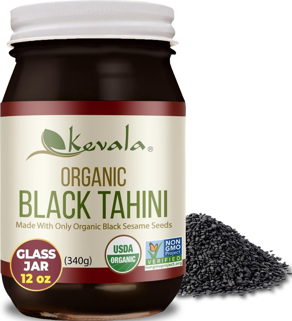 kevala jar front label showing black tahini and certifications, clear quality visible