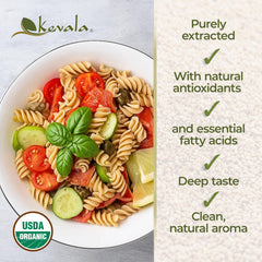 kevala label close-up with organic and kosher seals, assures quality and purity