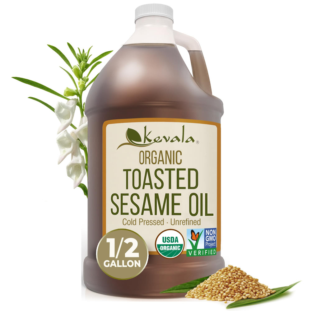 kevala toasted sesame oil front jug showing label and size, highlights pantry convenience
