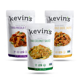 Kevin's Natural Foods trio front packaging shows all three sauces and highlights clean ingredients