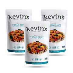 Kevin's Natural Foods three-bottle pack front view showing paleo teriyaki convenience