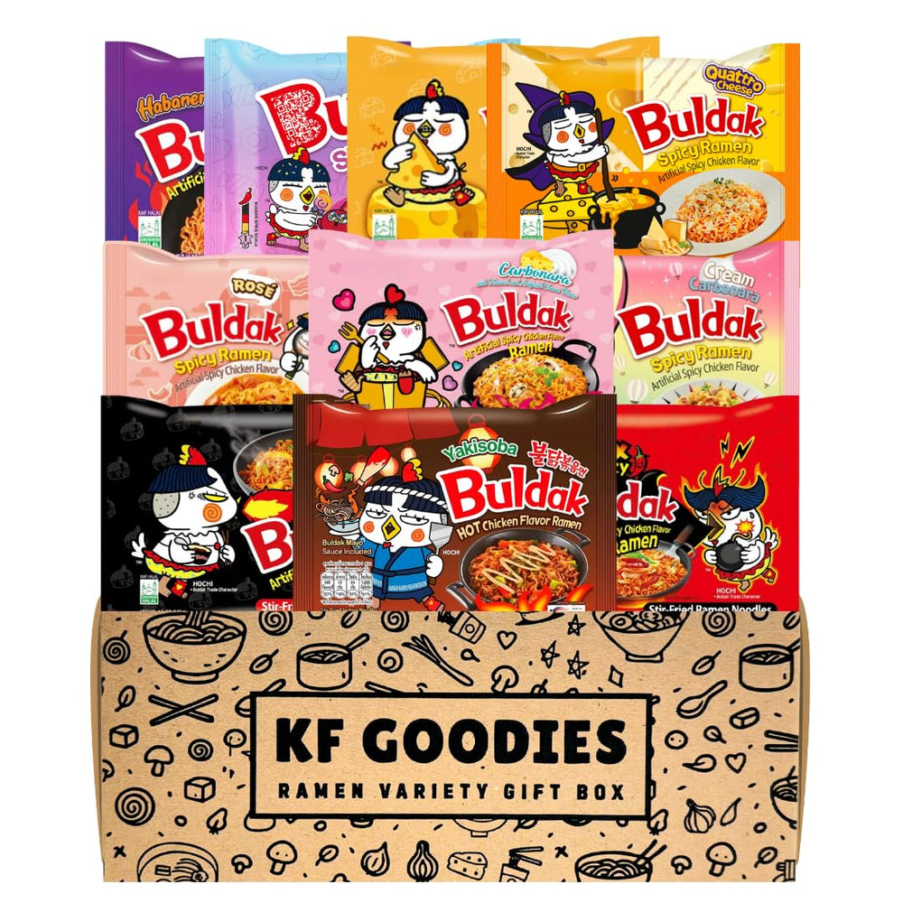 KF GOODIES gift box front view showing ten ramen packs and colorful presentation for gifting